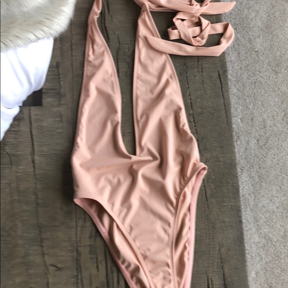 Blush Pink Deep Plunge One Pc Swimsuit S